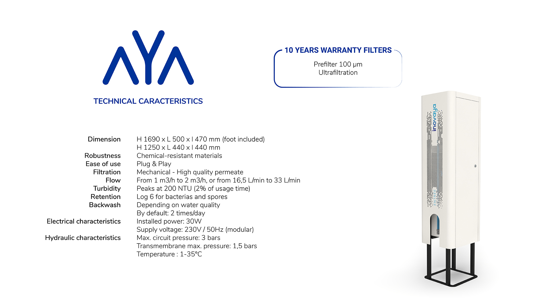 aYa - technical caracteristics - innovation - filtration - water - drinking water