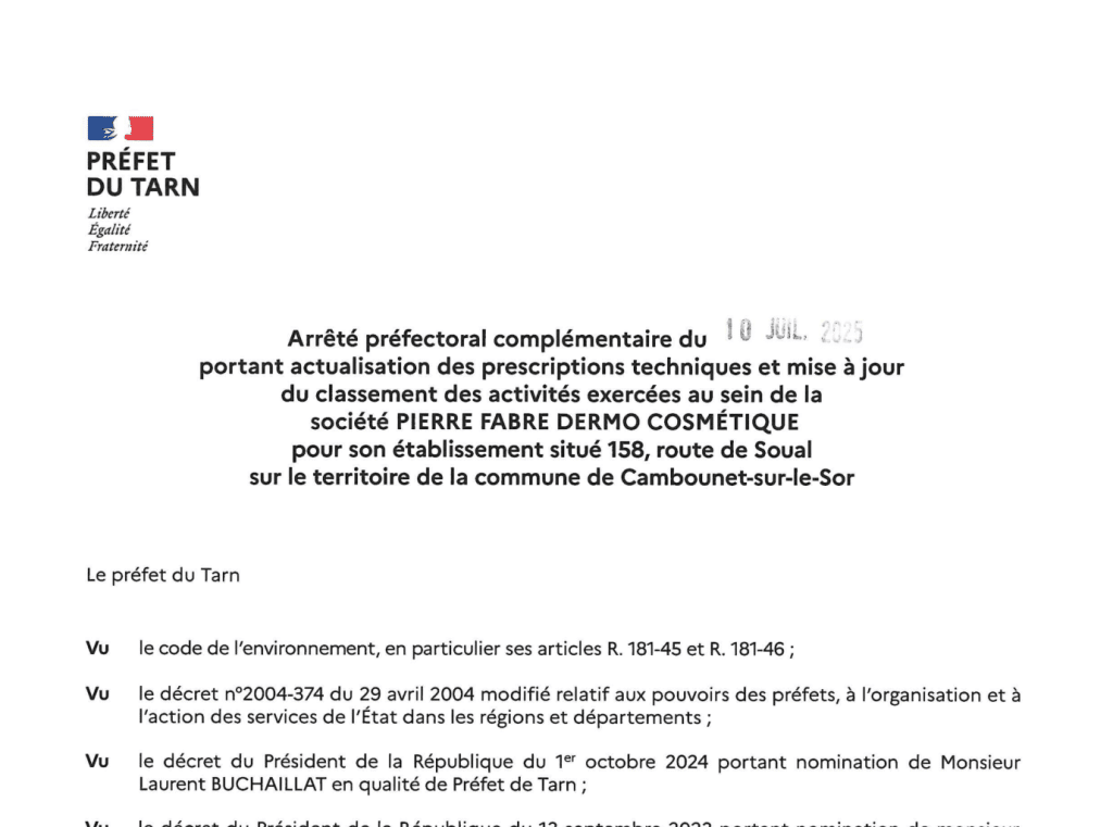 L'arrêté préfectoral pour Pierre Fabre (extrait).