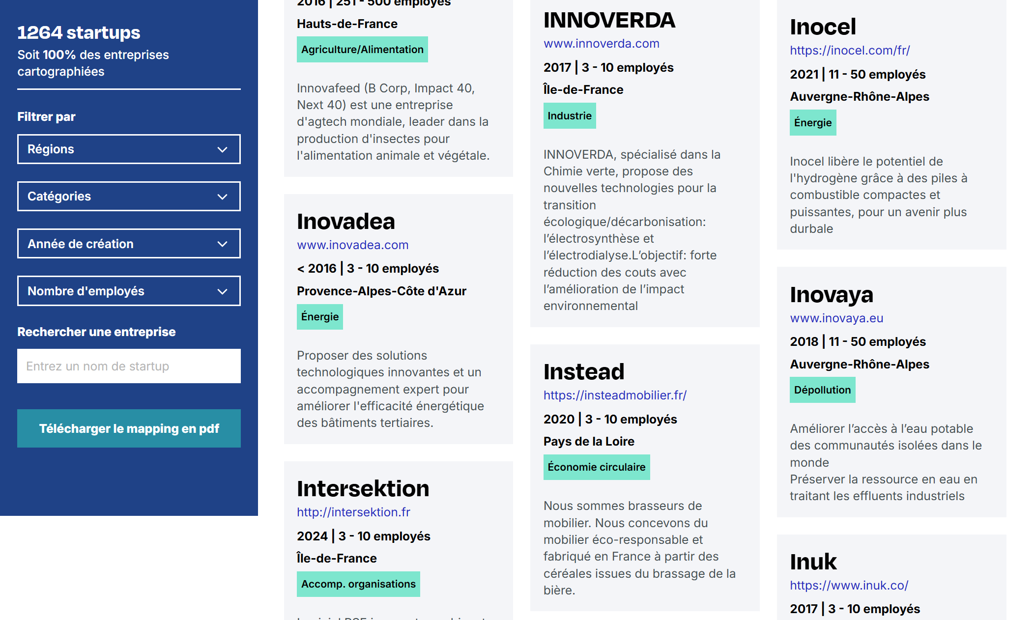 Aperçu de la liste des startups sur le site officiel mapping-startups-impact.fr