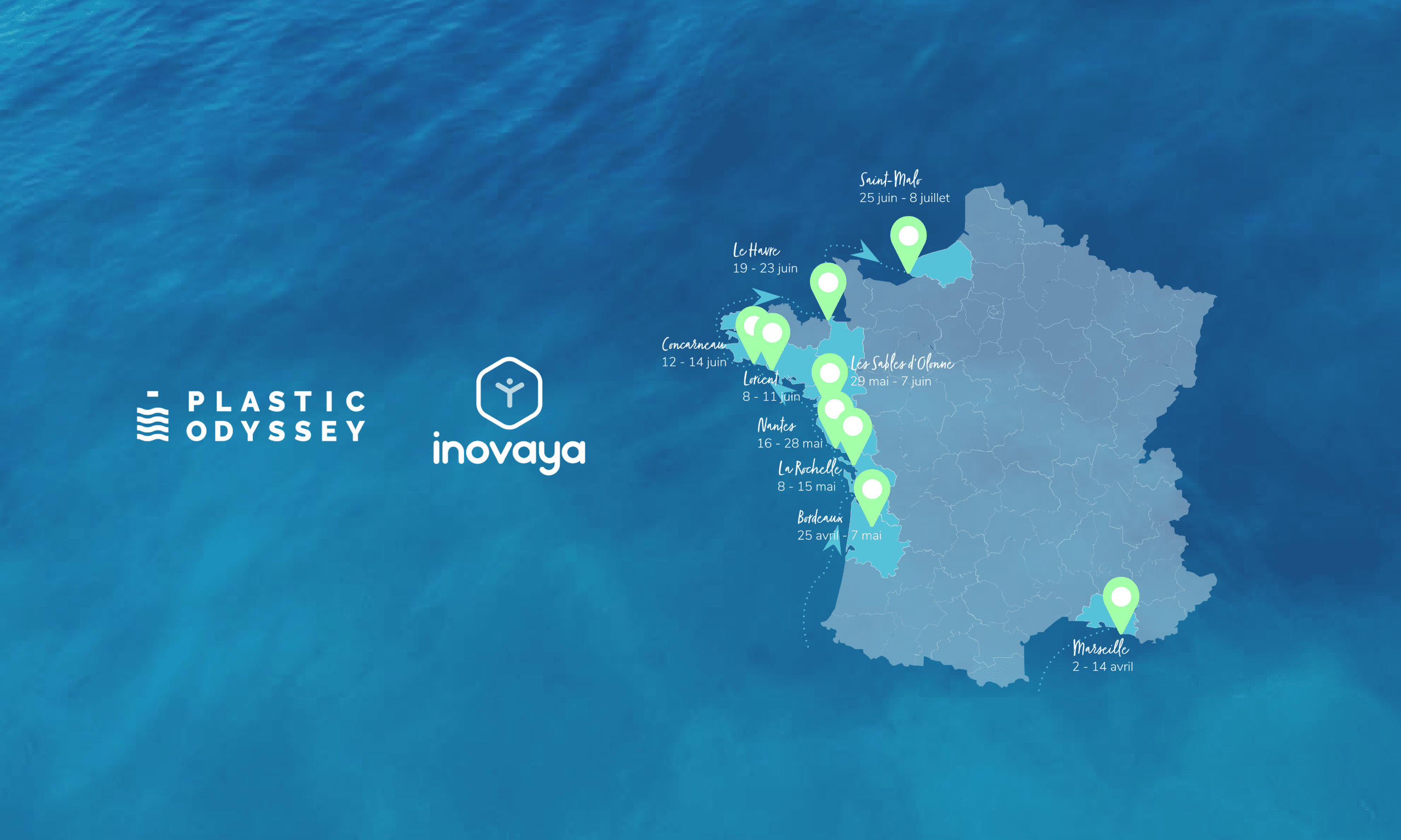 Carte des étapes de la tournée des ports de France de Plastic Odyssey